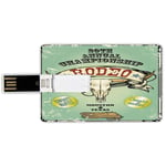 16G USB Flash Drives Credit Card Shape Western Memory Stick Bank Card Style Retro Style Rodeo Championship Poster Bull Skull Large Horns with Banner Grungy Decorative,Multicolor Waterproof Pen Thumb L
