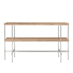 Gubi - TS Console, 120x30x72, 2 racks Polished Steel Base, Table Top Warm Taupe Travertine - Avlastningsbord - GamFratesi - Beige - Metall/Sten