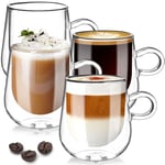 TKNO Double Walled Glass Coffee Mug Cups with Handle, Set of 4 Hollow Vacuum Sealed Cappuccino Macchiato Latte Glasses, Hand Made, Heat Resistant, Microwave Safe Drinking Glasses, 300ml Cup