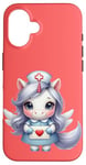 Coque pour iPhone 16 Valentine Unicorn Caring Nurse Love Healthcare Poney magique