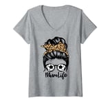 Womens Mum Life Messy Bun Hair Funny Football Player Mum V-Neck T-Shirt