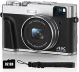 Appareil Photo Numérique 4K 48MP avec Viseur Optique, Appareil Photo Compact Autofocus Zoom 16X avec Carte SD de 32 Go et 2 Batteries Facile à Utiliser pour Débutant, Voyageurs, Adolescents(Noir)