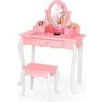 Coiffeuse avec Tabouret pour Enfants de Style Princesse avec Miroir Pivotant à 360° Amovible et 3 Tiroirs Rose et Blanc - Costway