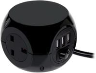 New 3 Way Black Cube Power Socket 3 USB Ports & 1.4M Electric Extension Lead