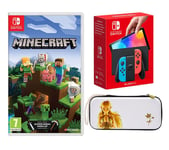 Nintendo Switch OLED (Neon Red & Blue), Minecraft & Princess Zelda Slim Travel Pro Nintendo Switch Case Bundle, Red,Blue