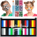 LOPHE Face Paint Kit, 30 Colors Rainbow Body Paint for Kids Adults, Safe & Non-Toxic Water Based Split Cake Face Paint Palette with 2 Brushes 56 Stencils, Makeup Set for Halloween Christmas Cosplay