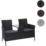 Mendler - Banc avec table en polyrotin HWC-E24, banquette de jardin, ensemble,132cm - noir, coussin terre cuite