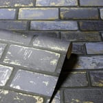 Arthouse Brick Wallpaper 692200 Navy Blue Wall / Metallic Gold Highlights