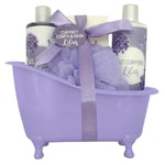 Coffret Bain Lilas - Gel Douche 300ml, Lait Corps 300ml, Sels de Bain 100g, Fleur de Massage - Cadeau Femme Beauté, Soin Corps - Kit Cocooning Baignoire Vintage Lilas French Tendance