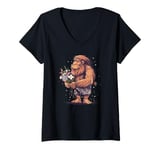 Womens Cool ice age man with flowers for Neanderthals lovers V-Neck T-Shirt