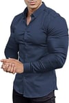 EOUOSS Men’s Muscle Fit Dress Shirts Athletic Slim Fit Long Sleeve Stretch Wrinkle-Free Casual Button Down Shirt, Navy Blue, S