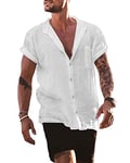 YAOBAOLE Chemise Legere Homme Été Manches Courtes Boutons Chemise Hommes Chemises en Lin Homme Coton Lin Chemise Col Mao Blanc XL