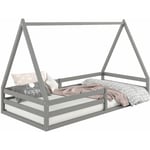 Lit cabane sila 90x190 cm, lit simple enfant 1 place type Montessori, en pin massif gris - Gris