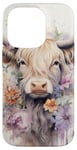 iPhone 14 Pro Spring Elegant Highland Cow Pastel Watercolor Floral Case