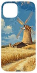 iPhone 15 Plus Wheat Fields With Windmills Landscape Vintage Graphic Case