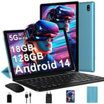 Tablette Android 14 avec 5G Wi-Fi 6, 18 Go RAM + 128 Go ROM(1 To Extensible), FHD Tablette Tactile avec Widevine L1, BT 5.0, 8 cœurs, 6000 mAh, 2 en 1 Tablette 10 Pouces avec Clavier et Souris, Bleu