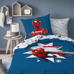 Spiderman Home Jumping Parure de lit Enfant | 100% Coton | Oeko-TEX | Housse de Couette 140x200 cm + Taie d'oreiller 63x63 cm | Imprimé Garçon | Bleu