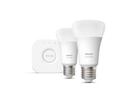 Philips Hue White Starter Kit - Trådløst Lyssett - Led-Lyspære X 2 - E27 - 9.5 W (Ekvivalent 75 W) - Klasse F - Dempet Hvitt Lys - 2700 K - Hvit