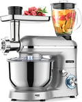 Homlee Robot Multifonctions 1800W Robot Pâtissier, Blender Professionnel Universel Hachoir à Viande Électrique avec Mixeur Verre 1,5L, 3 Plaques de Broyage, Bol d'Acier Inoxydable 5.5L