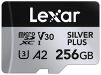 Lexar Silver Plus Carte Micro SD 256 Go, Microsdxc Carte TF jusqu'à 205 Mo/s en Lecture, 150 Mo/s en écriture, Carte Mémoire Micro SD+ Adaptateur, A2, U3, Classe 10, V30, Full HD et 4K UHD Video