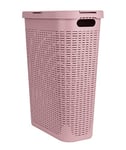 Mind Reader 40L Slim Laundry Hamper, Clothes Basket, Lid, Wicker Design, Plastic, 18"L x 10.4"W x 23.5"H, Pink