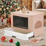 YITAHOME Litter Box with Lid, Large Enclosed Cat Litter Tray with Hood, Hooded Odorless Cat Toilet with Drawer Pan Litter Scoop Cat Self Groomer Deodorizer Filter, Front Entry Top Exit (Pink)