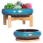 ARTKETTY Lot de 2 Pots de Fleurs colorés en céramique pour Plantes succulentes - 18,5/25 cm - Grand Pot à bonsaï avec Plateau - pour Cactus et Jardin