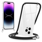 Yoedge Coque pour iPhone 14 Pro avec Cordon 6,1", Transparente Coque Collier Réglable Téléphone Étui Portable Lanyard Housse, Etui avec PC + TPU Bumper Anti-Chute Protection Case, Noir