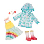 Glitter Girls GG50096Z -Tenue Smile! Rain Or Shine – Robe Arc-en-Ciel, Pinces à Cheveux, Imperméable et Bottes de Pluie – Compatible avec Presque toutes les Poupées de 35,56 cm - Dès 3 ans