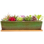 ARTKETTY Pots de fleurs en céramique de 30 cm pour plantes grasses succulentes, pots de fleurs rectangulaires modernes avec plateau, bac à fenêtre peu profond avec drainage pour décoration d'intérieur