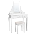 VASAGLE Coiffeuse avec Miroir avec LED 3 Couleurs, Table de Maquillage, avec 5 tiroirs et 1 Organisateur de Rangement Amovible, Pieds en Bois Massif, avec Tabouret, Blanc RDT25WL