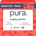 Pura Eco Nappy Pants - Size 6 (15kg+), 6 x 18 Nappies (108 Total), Pull Up Disposable Baby Nappies for Sensitive & Allergy Prone Skin, Hypoallergenic, Fragrance Free, Easy-Tear Side, New Size Guide