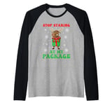 Moose Funny Christmas Stop Staring At My Package Xmas Jokes Raglan Baseball Tee