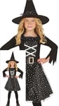 FIESTAS GUIRCA Déguisement de Sorcière Étoile d'Argent pour Filles - Comprend Chapeau de Sorcière, Robe de Sorcière Argentée et Noire, Ceinture - Costumes d'Halloween pour Filles Âge 10-12 Ans