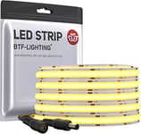 BTF-LIGHTING FCOB COB Bande LED flexible haute densité uniforme 8W/m 5m 336LED/m DC 12V Blanc naturel 4000K CRI 90 + 8 mm de largeur à intensité variable pour intérieur (sans adaptateur ni contrôleur)