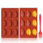 GlasFlength Moule Madeleine Silicone, Lot de 2 Moule a Madeleine 9 Cavités Moule Antiadhésif en Forme de Coquille avec Brosse en Silicone pour Biscuits Chocolat Bonbons Pudding Gâteau (Rouge Brique)