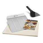 Pierre à pizza BURNHARD avec pelle à pizza & spatule, Pour four, gril à gaz & charbon de bois en cordiérite et acier inoxydable pour pain, tarte flambée & pizza, rectangulaire - 38 x 30 x 1,5 cm