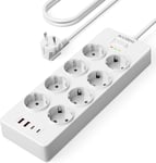 Multiprise avec interrupteurMultiprise 8 prises, protection contre les surtensions avec 4 USB (2 USB C)Multiprise avec montage mural USB, prise avec câble de 3 m et sécurité enfant, blanc