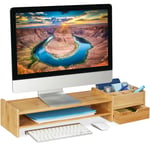 Support pour moniteur en bambou, support écran hauteur, HxLxP: 13x70x19 cm, tiroir & 7 compartiments, naturel - Relaxdays