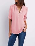 Women Shirts Summer Autumn Casual V-Neck Chiffon Blouse Women Top Camisa Feminina Long Sleeve Black White Ladies Blouses Shirt-Pink_Colour_4Xl