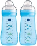 MAM Easy Active Baby Bottle with Medium Flow MAM Teats Size 2, Twin Pack of Baby Bottles, Baby Feeding, 270 ml, Blue (Designs May Vary)