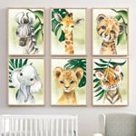 6 Posters Djungeldjur Baby Barn A4 Poster Elefant Lejon Giraff Zebra Tiger Bilder Sovrumsdekoration Oinramad