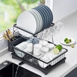 Yabano 2 Tier Dish Drainer, Multifunctional Dish Drainer Rack, Rustproof Kitchen Dish Drying Rack with Drainboard & Utensil Holder, Space-Saving Dish Rack for Kitchen Counter