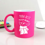 eBuyGB Personalised Coffee Mug, Neon Pink Baby Yoda Mug, 350ml Star Wars Themed Tea Cup, Gifts for Her (Yoda Best Step-Mum)