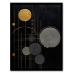 Wee Blue Coo Golden Soot Abstract Geometric Oil Painting Planet Orbits Vertical Solar System Artwork Framed Wall Art Print A4
