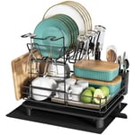 MAJALiS Dish Drainer Rack - 2 Tier Stainless Steel Dish Drainer with Drip Tray and Drainer Mat, Sink Dish Drying Rack with Utensil Holder, Plate Draining Board Rack for Kitchen Counter, Black