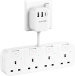 Multi Plug Extension - 3 USB, 1 Type C, 4 Way Adapter with Individual Switches