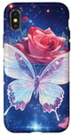 Coque pour iPhone X/XS Rose et papillon mignon sur fond bleu