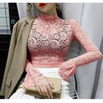 Ladies' Bottoming Shirt Cotton Lace Turtleneck Blouses Female Hollow Out Full Flare Sleeve Stretchy Suitable For Various Scenes-Pink_S