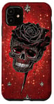 Coque pour iPhone 11 Rose noire et crâne sur toile rouge